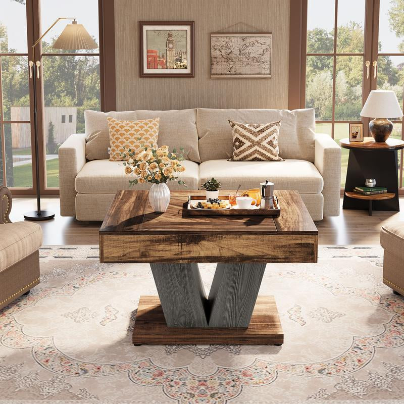 Tribesigns Square Coffee Table, Rustic Brown & Black Modern Center Table with Adjustable Foot Pads for Happy Hours, Living Room, Cocktail Tea Table, and Decorative Items