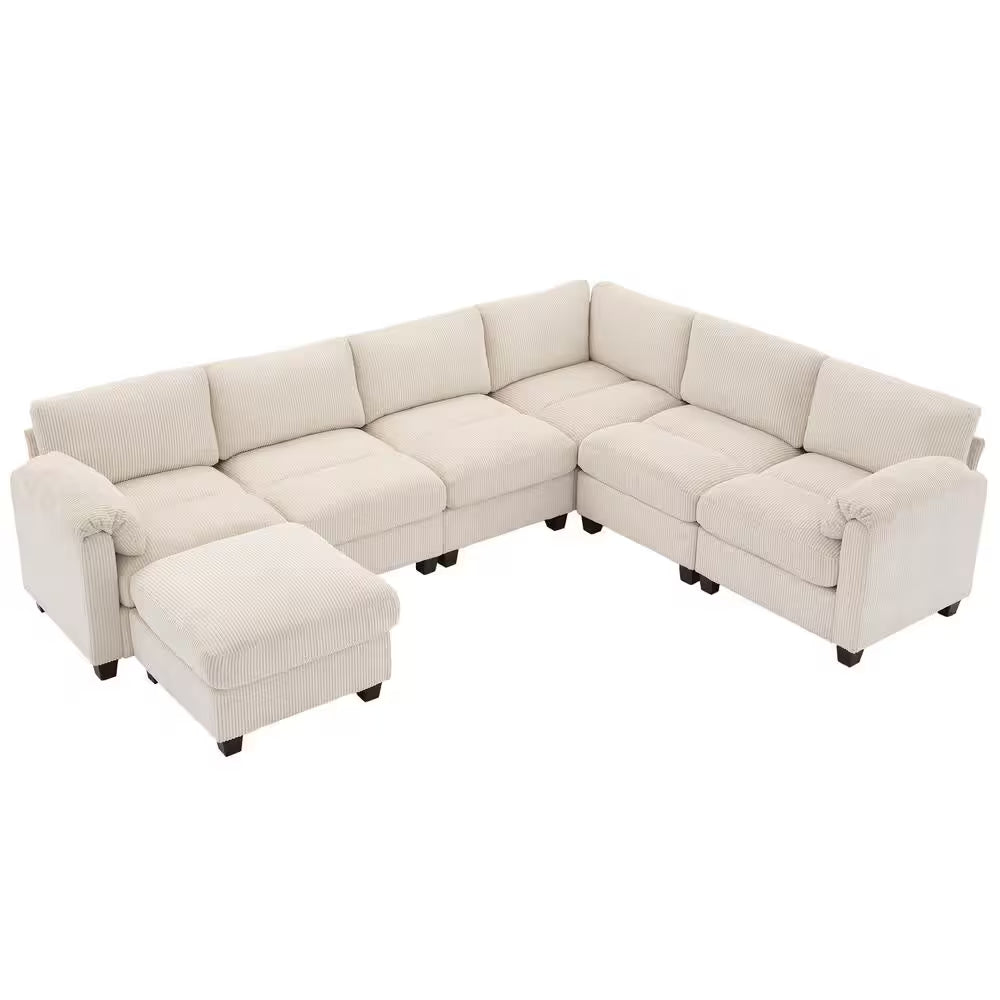 115 In. Corduroy Modular L-Shaped Beige 7-Seat Sectional Sofa for Living Room and Spacious Space