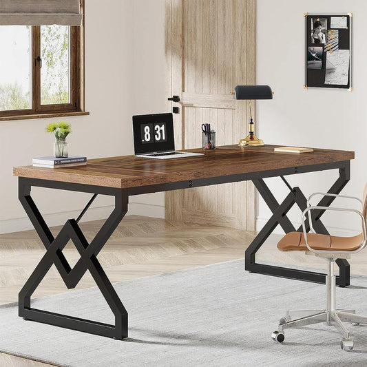 Tribesigns 63 Inch Executive Desk, Large Office Computer Desk with Extra Thick Wooden Tabletop and Metal Frame, Modern Simple Workstation Writing Table Study Desk for Home Office