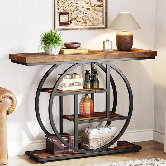 Tribesigns 41.3" Industrial Console Table: 4-Tier Entryway Table with Circle Base, Narrow Accent Tables with Storage Shelves, Rustic Brown