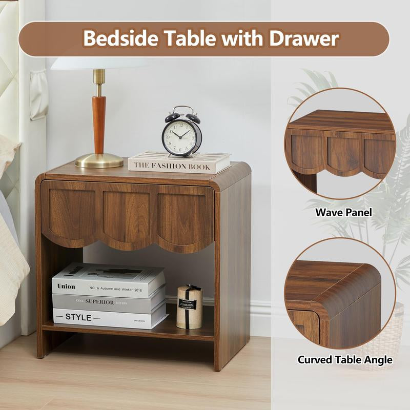 Giratree Night Stand Set of 2, Mid Century Modern Farmhouse Wood Nightstand with Wave Panel Drawer, Bed Side End Table for Small Space, Living Room