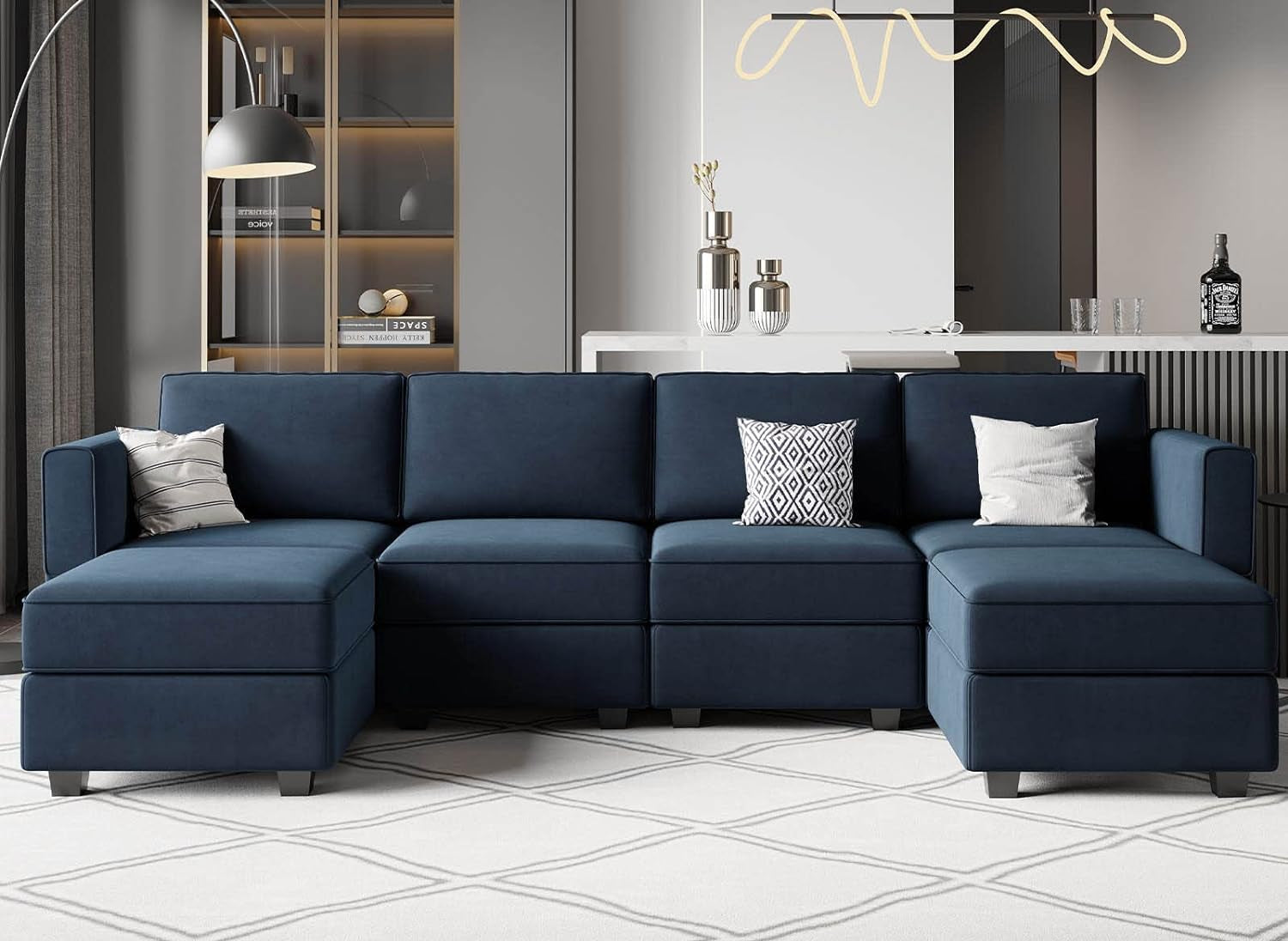 Modular Sectional Sofa U Shaped Velvet Couch with Reversible Chaise Oversized Couch with Ottoman Blue…