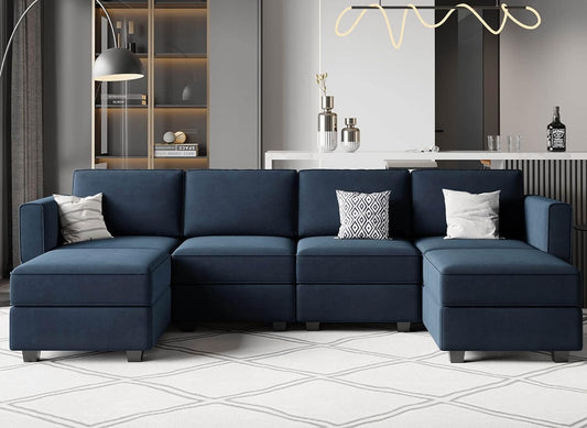 Modular Sectional Sofa U Shaped Velvet Couch with Reversible Chaise Oversized Couch with Ottoman Blue…