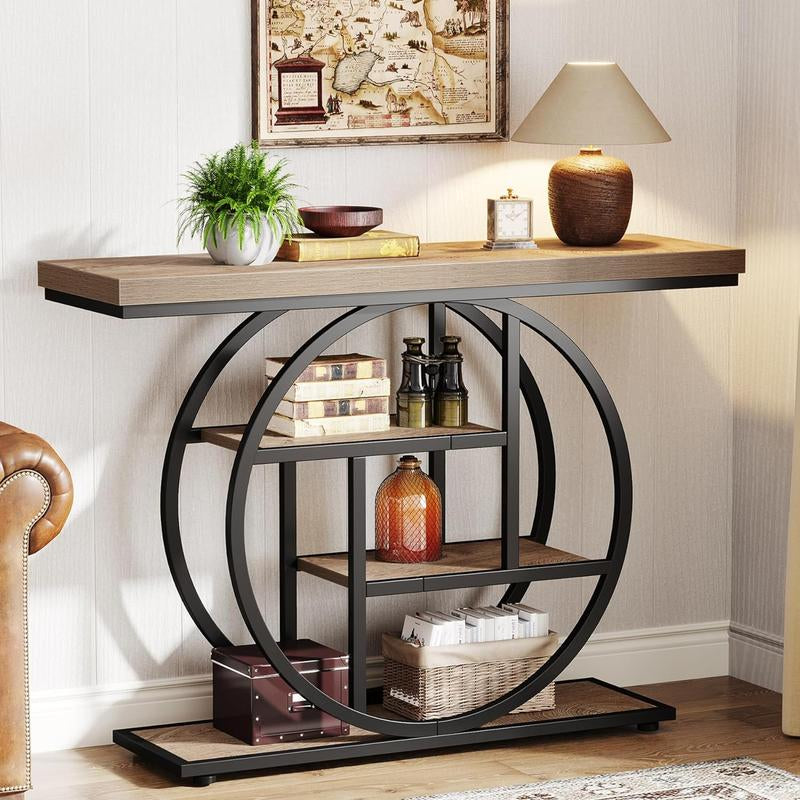 Tribesigns 41.3" Industrial Console Table: 4-Tier Entryway Table with Circle Base, Narrow Accent Tables with Storage Shelves, Rustic Brown