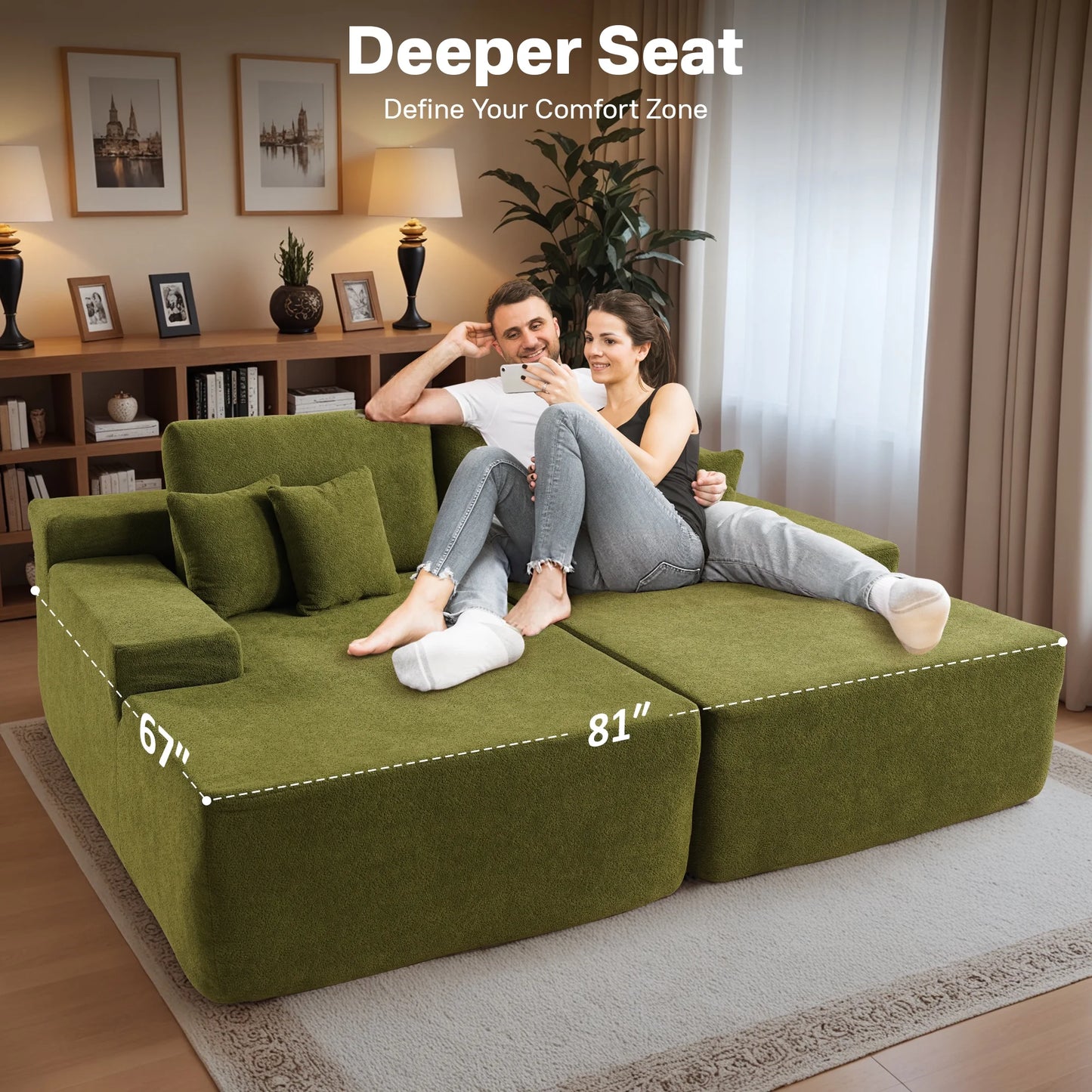 81" Modular Sectional Sofa Couch Sherpa Chaise Lounge Loveseat Sofa Bed Oversized Upholstered Sleeper Sofa for Living Room and Bedroom, Green