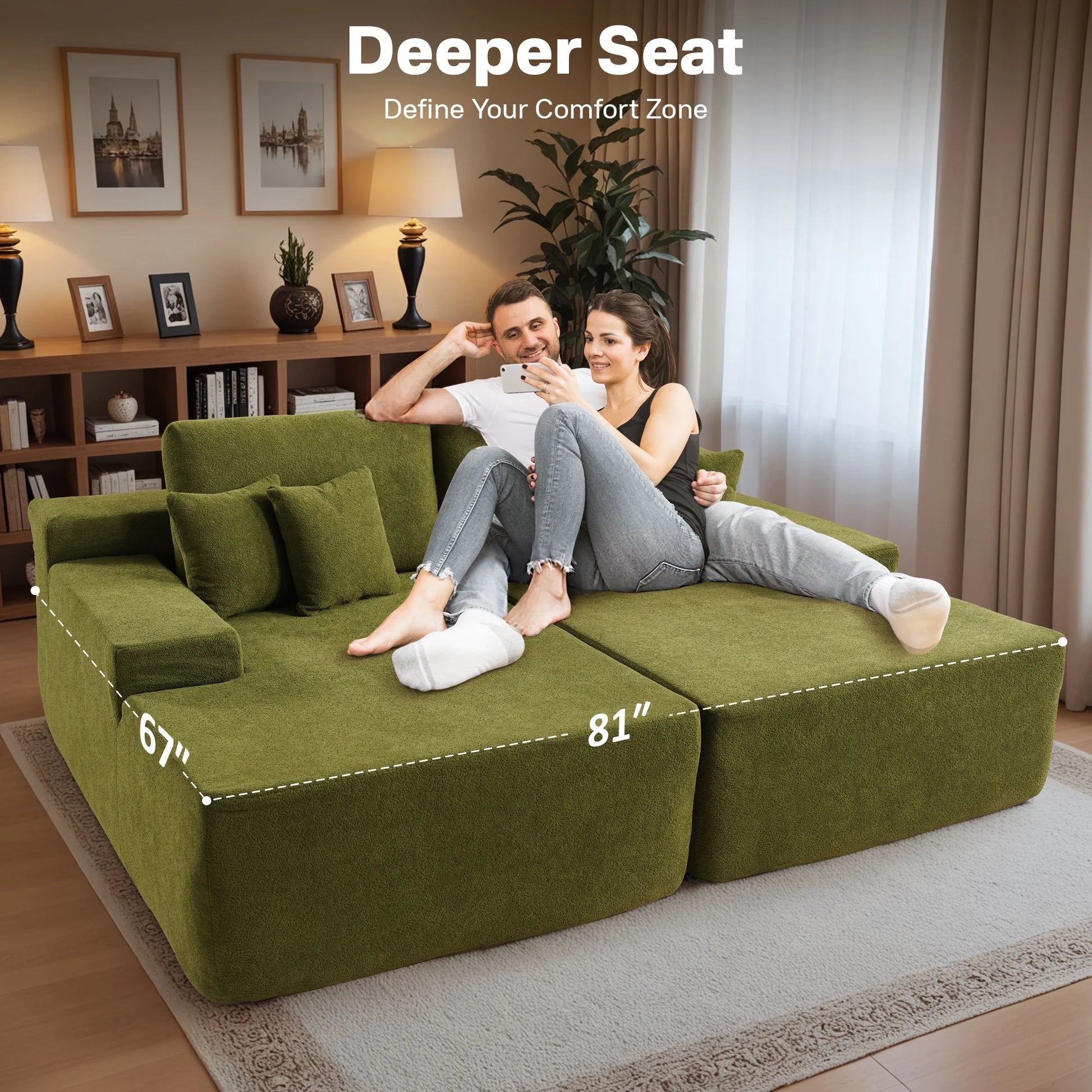 81" Modular Sectional Sofa Couch Sherpa Chaise Lounge Loveseat Sofa Bed Oversized Upholstered Sleeper Sofa for Living Room and Bedroom, Green