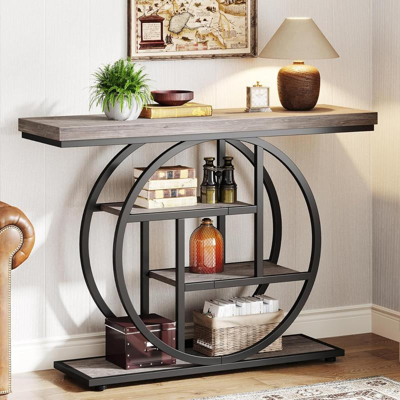 Tribesigns 41.3" Industrial Console Table: 4-Tier Entryway Table with Circle Base, Narrow Accent Tables with Storage Shelves, Rustic Brown